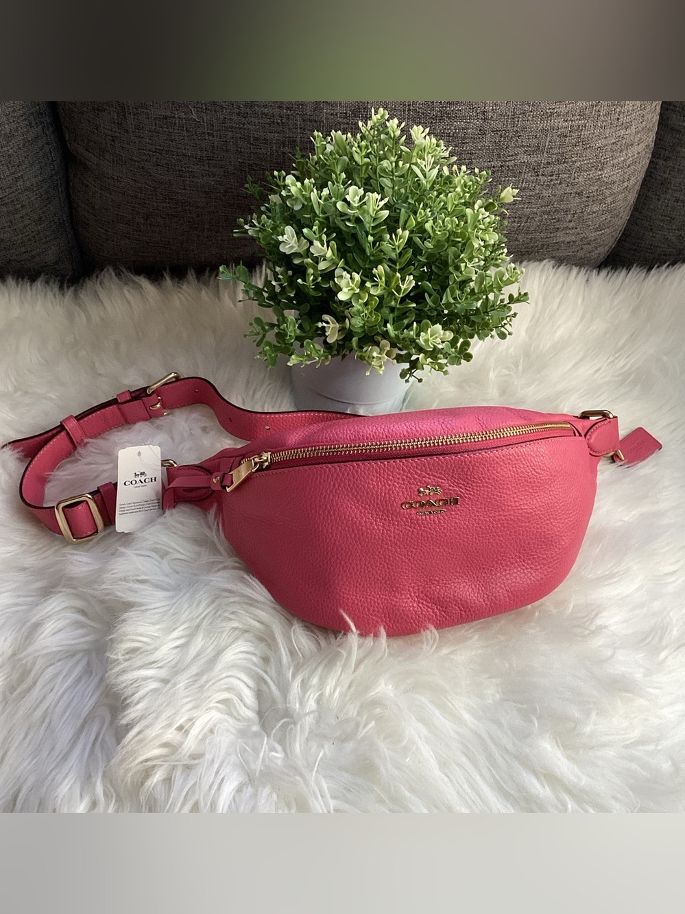 Coach Hot Pink Pebble Leather Crossbody Belt Bag with Gold Hardware